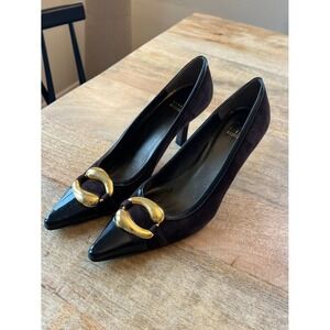 Stuart Weitzman Black Suede and Patent Leather Pumps with Gold Accent